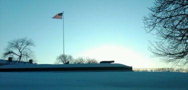 The Ravilin at Fort Jay covered in snow -NPS Photo Brent Everitt
